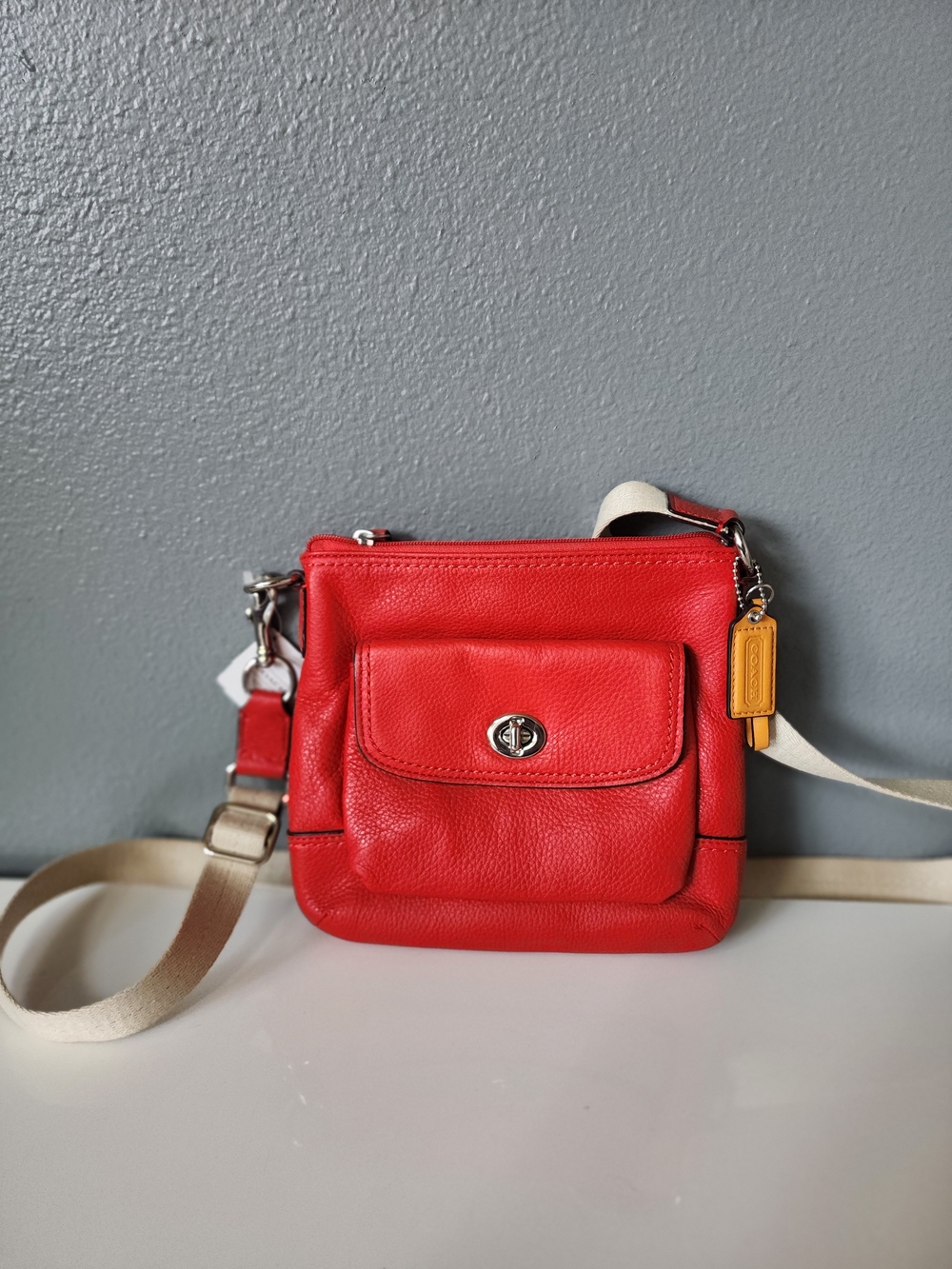NWT Coach F49170 Park Pebbled Leather Swingpack Crossbody Bag Vermillion Orange